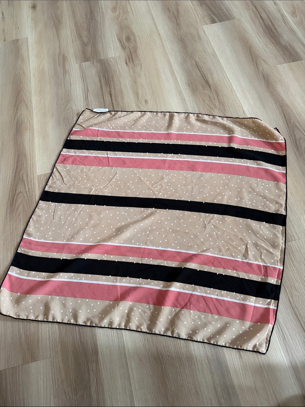 Striped Polka Dot Square Scarf in Beige, Black & Coral